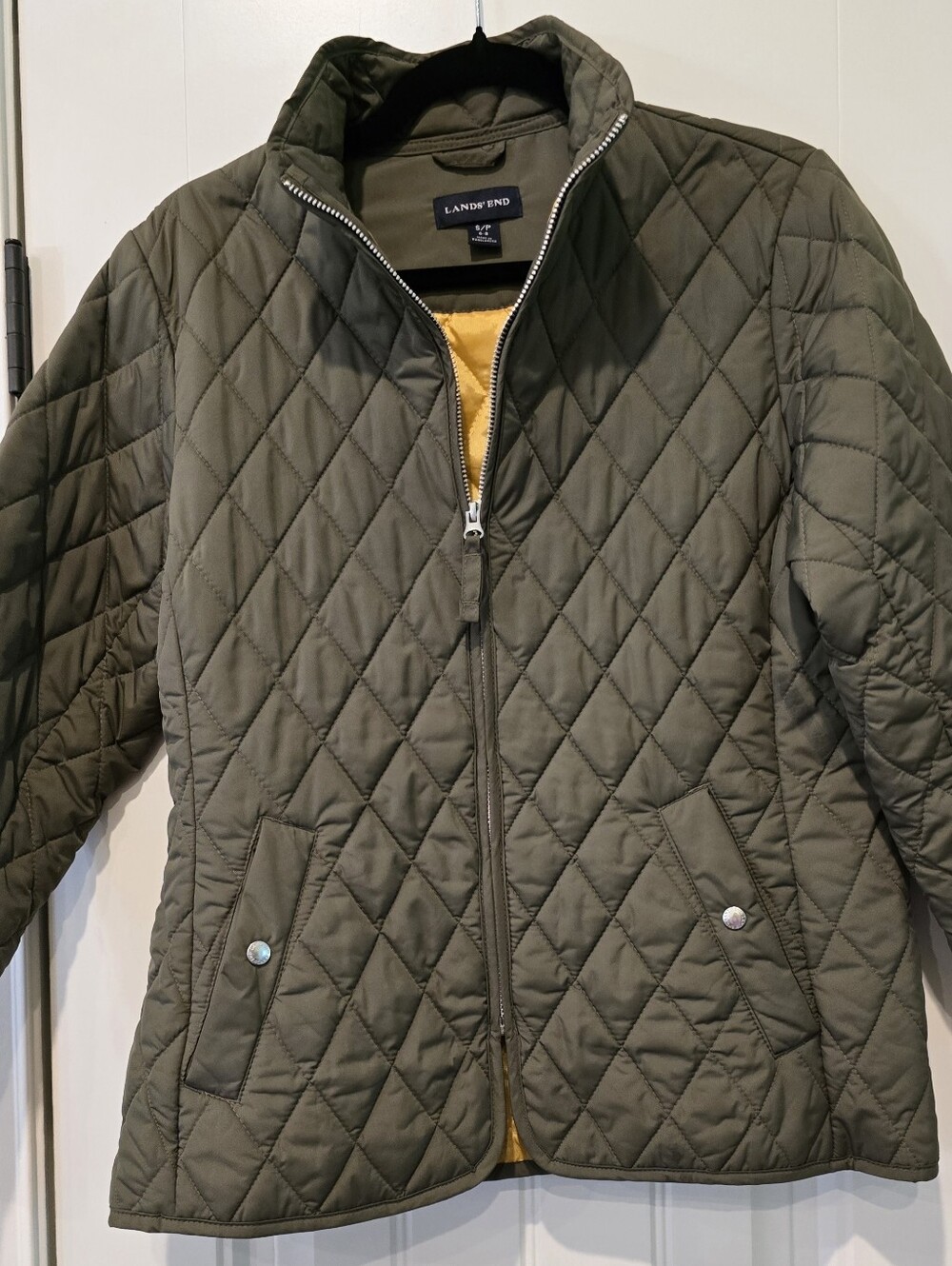 Lands' End Quilted Olive Puffer Jacket with Yellow Lining S/P (6/8) - Picture 3 of 4